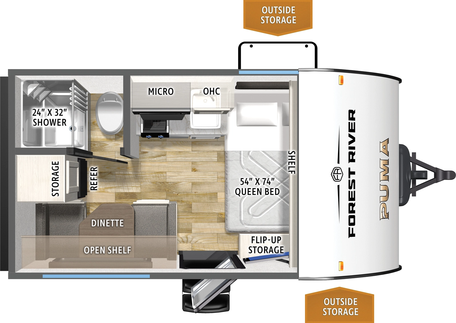 The Puma Camping Edition 123RDCE floorplan has one entry and zero slide outs. Exterior features include: metal exterior and 9' awning. Interiors features include: front bedroom.